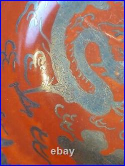 Antique Eiraku Large Porcelain Japanese Red-Orange & Silver Dragon Bowl Signed