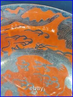 Antique Eiraku Large Porcelain Japanese Red-Orange & Silver Dragon Bowl Signed