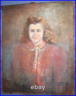 Antique European large oil painting portrait signed