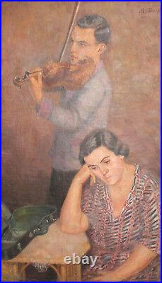 Antique European large oil painting violinist signed