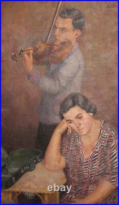 Antique European large oil painting violinist signed