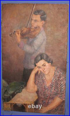 Antique European large oil painting violinist signed