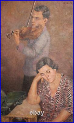 Antique European large oil painting violinist signed