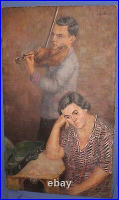 Antique European large oil painting violinist signed