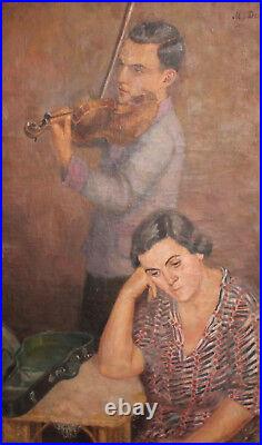 Antique European large oil painting violinist signed