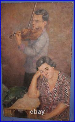 Antique European large oil painting violinist signed