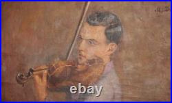 Antique European large oil painting violinist signed