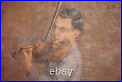 Antique European large oil painting violinist signed