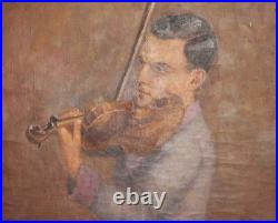 Antique European large oil painting violinist signed