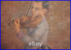 Antique European large oil painting violinist signed