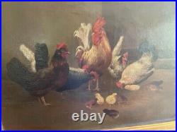 Antique European oil painting chicken/hens signed