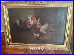 Antique European oil painting chicken/hens signed
