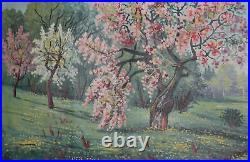 Antique European spring landscape large oil painting signed