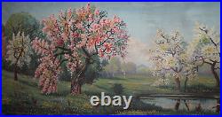 Antique European spring landscape large oil painting signed