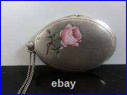 Antique FAB Large Photo Locket Pendant on Chain Rose Enamel Alpaca Silver Signed