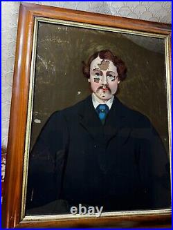 Antique Formal Male Portrait Reverse Oil On Glass Painting For Restoration