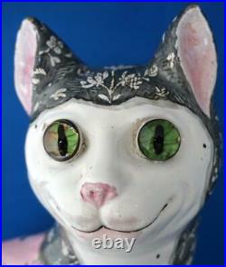 Antique French Faience Large Pink Galle Cat Glass Eyes Signed