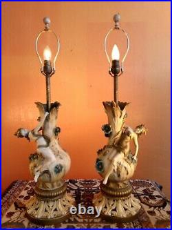 Antique French Pair Art Nouveau Table lamps, semi nudes, signed by Aug. Moreau