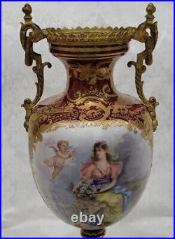 Antique French Sevres Porcelain Urn Vase Hand Painted Signed Bronze Gold Ormolu