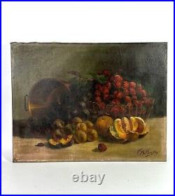 Antique French Still life oils on canvas Fruits & Jam Pot 19th century signed