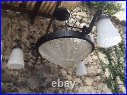 Antique French Wrought Iron Art Deco CHANDELIER Signed MULLER FRERES LUNEVILLE