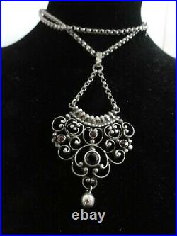 Antique German Large Lavalier Pendant Necklace 925 Sterling Silver Garnet Signed