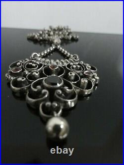 Antique German Large Lavalier Pendant Necklace 925 Sterling Silver Garnet Signed