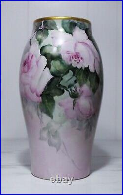 Antique Hand Painted Artist Signed Sara G. Parks Roses Porcelain Large Vase