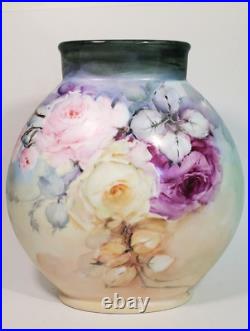 Antique Hand Painted JPL Limoges Porcelain Pillow Vase Large Roses Artist Signed