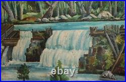 Antique Impressionist River Landscape Waterfall Oil Painting Signed