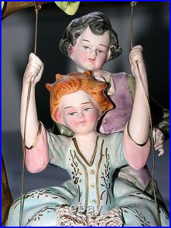Antique Italian Capodimonte Artist Signed Boy & Girl on Swing Large Figurine