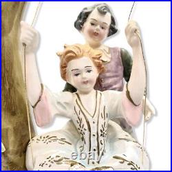 Antique Italian Capodimonte Artist Signed Boy Girl on Swing Large Figurine READ