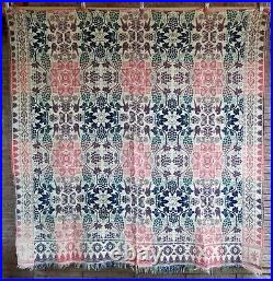 Antique Jacquard Multicolor Signed Homespun Coverlet with Fringe