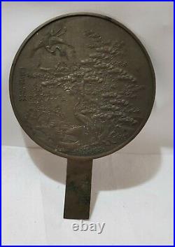 Antique Japanese Bronze Kagami Hand Mirror LARGE 13 CRANE SCENE Signed