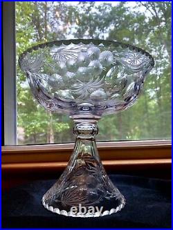 Antique LIBBEY Glass Cut Engraved Floral Large Comport ABP American Glass Signed