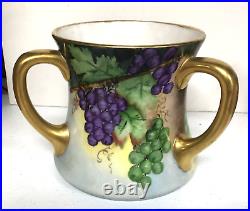 Antique LIMOGES France Signed ER Large 3 Handled Vase Loving Cup Fruit Grapes