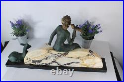 Antique LIMOUSIN signed spelter marble lady deer bird sculpture statue art deco