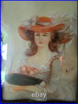 Antique Lady Miniature Painting Large Frame 12'' Signed Mooney