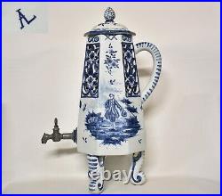 Antique Large 18th C Chinoiserie Delft Blue Tripod Ceramic Coffee Pot Signed A
