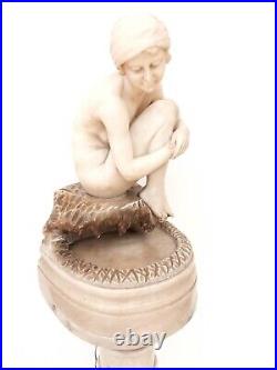 Antique Large 47´´ French Alabaster Nude Girl Lady Figural Lamp Sculpture Signed