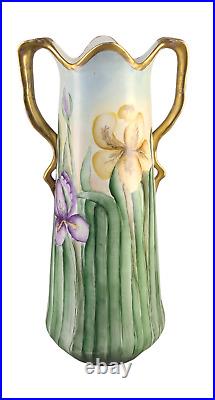 Antique Large Austrian Hand painted Irises Gilded Two Handle Vase Signed 17'