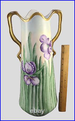 Antique Large Austrian Hand painted Irises Gilded Two Handle Vase Signed 17'