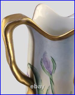 Antique Large Austrian Hand painted Irises Gilded Two Handle Vase Signed 17'