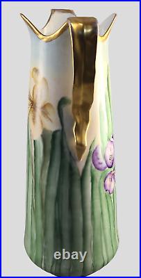 Antique Large Austrian Hand painted Irises Gilded Two Handle Vase Signed 17'