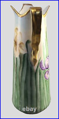 Antique Large Austrian Hand painted Irises Gilded Two Handle Vase Signed 17'