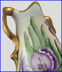 Antique Large Austrian Hand painted Irises Gilded Two Handle Vase Signed 17'