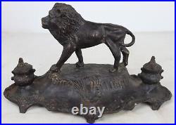 Antique Large Cast Iron Lion Figural Inkwell Stand Signed A ROSU 15 x 8