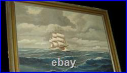 Antique Large Clipper Maritime Nautical Galleon Sailing Signed Oil Painting