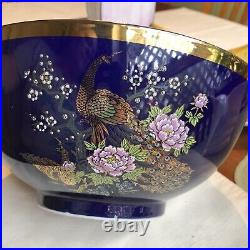 Antique Large Cobalt Porcelain Bowl Peacocks Blue Gold Rim signed
