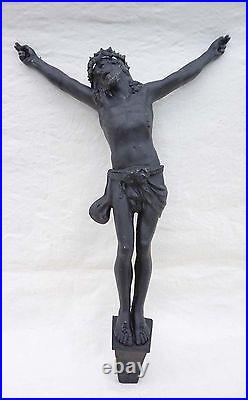 Antique Large French Crowned Christ Corpus Black Patina Zinc Tin Signed